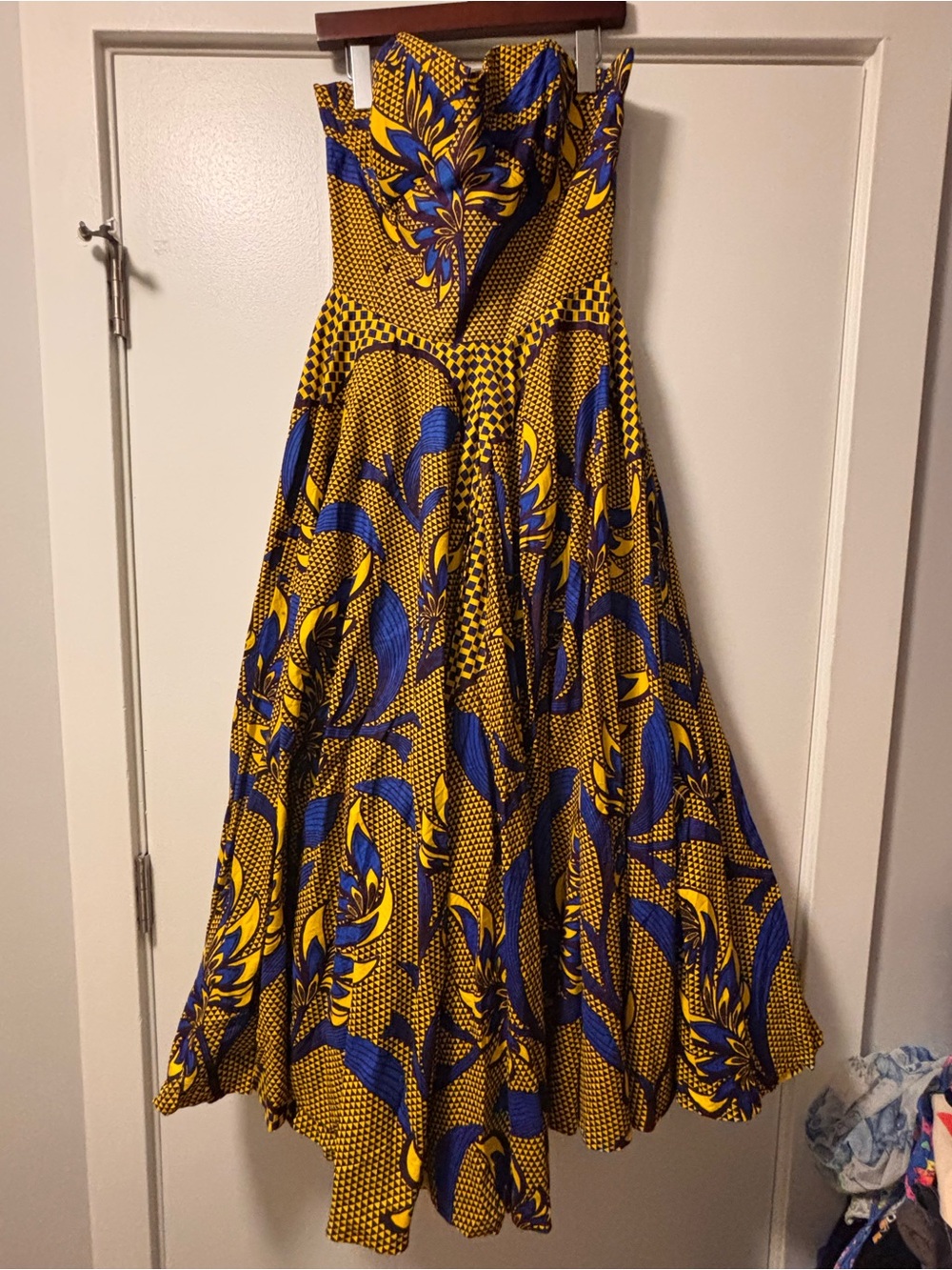 NWT Sika for Anthropologie Strapless Blue and Yellow Ankara Floral Midi Dress 12 - Picture 3 of 9